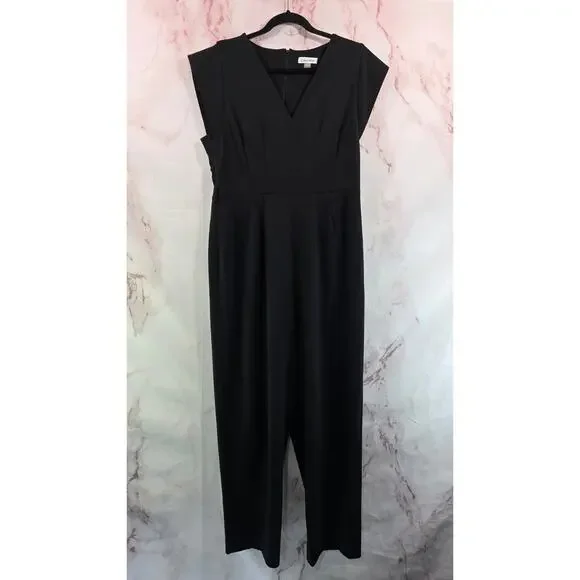 Calvin Klein Jumpsuit Womens 12 Black Short Sleeve Pants Suit V Neck Straight - Picture 1 of 11